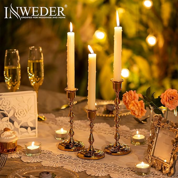 Brass Candlestick Holders Vintage: Gold Taper Candle Holder Metal Candle Sticks Holder Antique Decoration for Dinning Table Mantel Wedding Centerpieces Christmas Party Set of 3