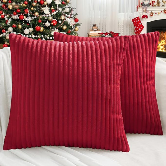 Simmore Decorative Throw Pillow Covers 16x16 Set of 2, Soft Natural Plush Flannel Double-Sided Fluffy Couch Pillow Covers for Sofa Living Room, Red