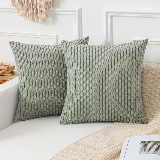 Kevin Textile Throw Pillow Covers Soft Corduroy Decorative Set of 2 Boho Striped Pillow Covers Pillowcases Farmhouse Home Decor for Couch Bed Sofa Living Room 26x26 Inch Greyish Green