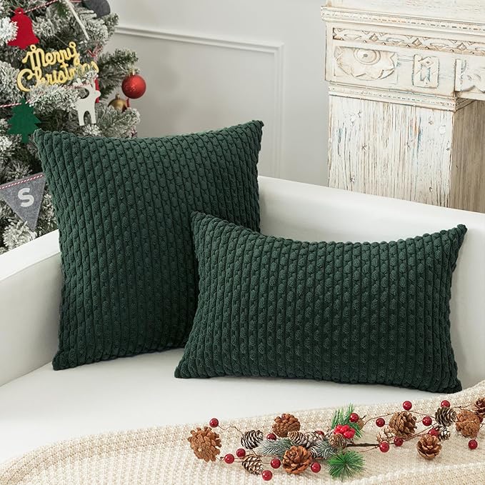 Kevin Textile Decorative Pillow Covers Set of 2 Striped Plush Corduroy Pillows Pillowcases Boho Home Decor Cushion Covers for Couch Sofa Bed Living Room 24x24 Inch, Army Green