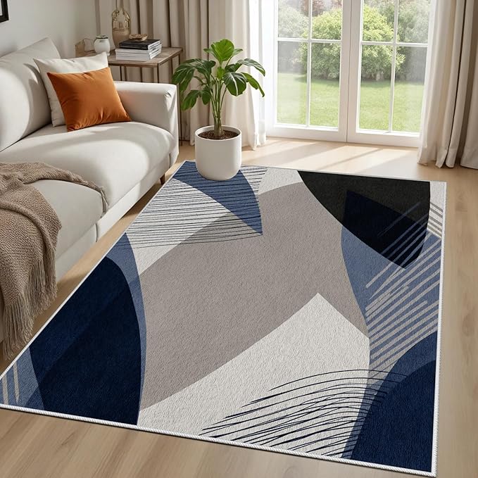 Abstract Art Line Living Room Area Rugs 8x10, Modern Boho Geometric Print Soft Rug, Minimalist Washable Non Slip Neutral Carpet for Bedroom, Dining Room Office Playroom, Navy Blue Gray