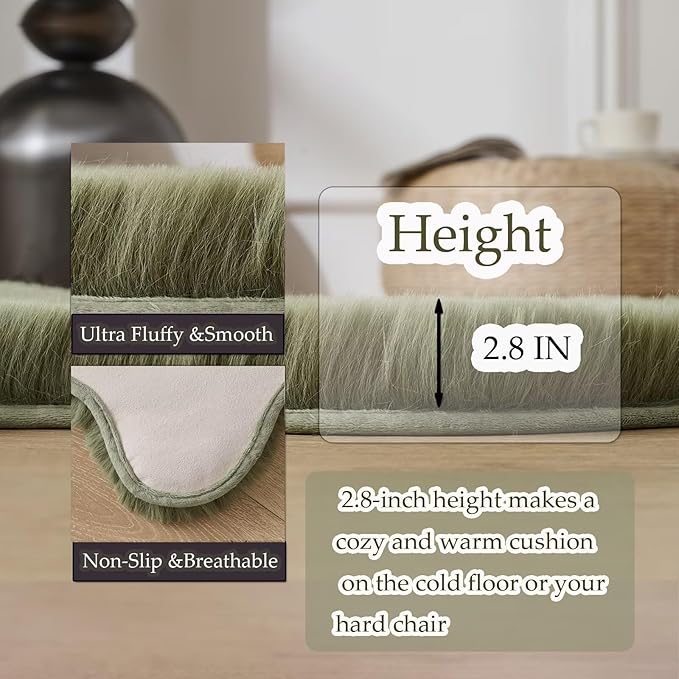 1700GSM Fuzzy Faux Sheepskin Fur Area Rug,Extra Soft Faux Fur Mat,Fluffy Shaggy Fur Rug for Bedroom Living Bedside Rug Room Decor-Sage Green, 2 x6 ft