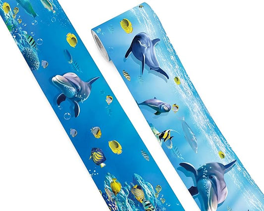 FLFK Peel and Stick Wallpaper Border Wall Decals for Kids Room - Under The Sea Fish Stickers Murals, 5" x 240" (Blue)