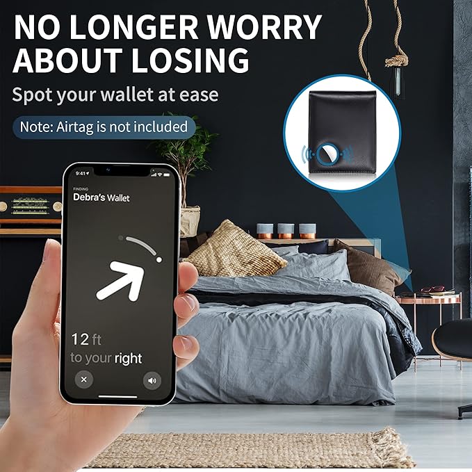 Swallowmall AirTag Wallet Mens RFID Blocking Genuine Leather Bifold Men's Wallet For air tag with 1 ID Window 13 Card Holders Black(Airtag Not included)