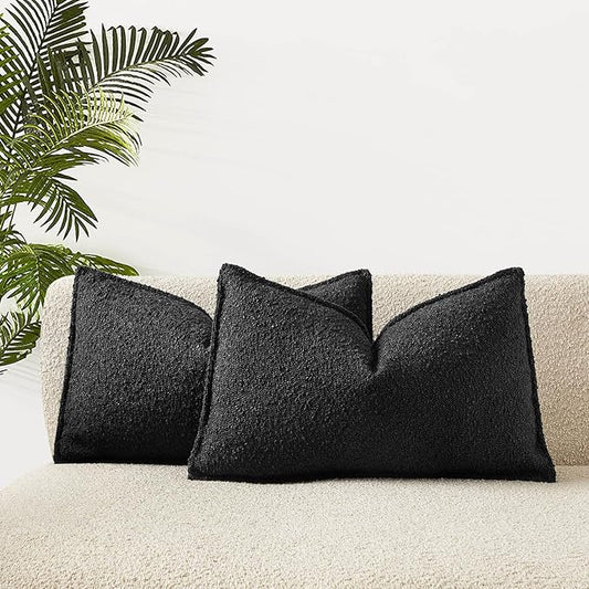 JUSPURBET Black Decorative Pillow Covers 14x24 Set of 2 Throw Pillow Covers for Couch Sofa Bed Cozy Boucle Textured Lumbar Cushion Covers Cases with Hidden Zipper for Living Room Home Decor