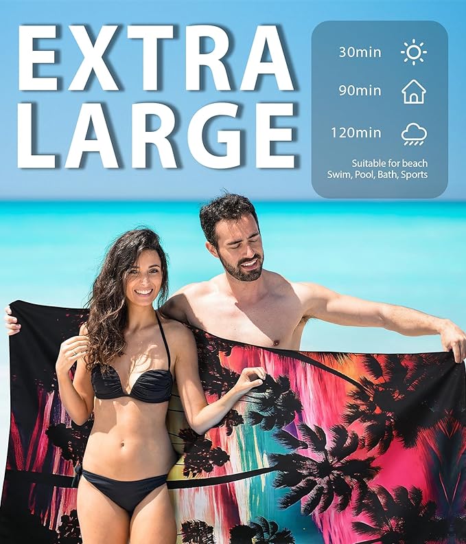 Sand Proof Microfiber Beach Towels Adult –Quick Fast Dry Beach Oversized Accessories for Travel Swimming Pool Yoga Camping Blanket Essentials Lightweight Must Haves Items Women Gifts Coconut Tree