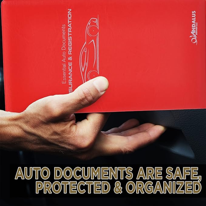 Andalus Auto Registration & Insurance Card Holder Pack of 2, Waterproof Essential Car Registration Holder with Hook & Velcro Closure, Perfect for Every Vehicles Glove Boxes (Red - 9.5" x 5.15")