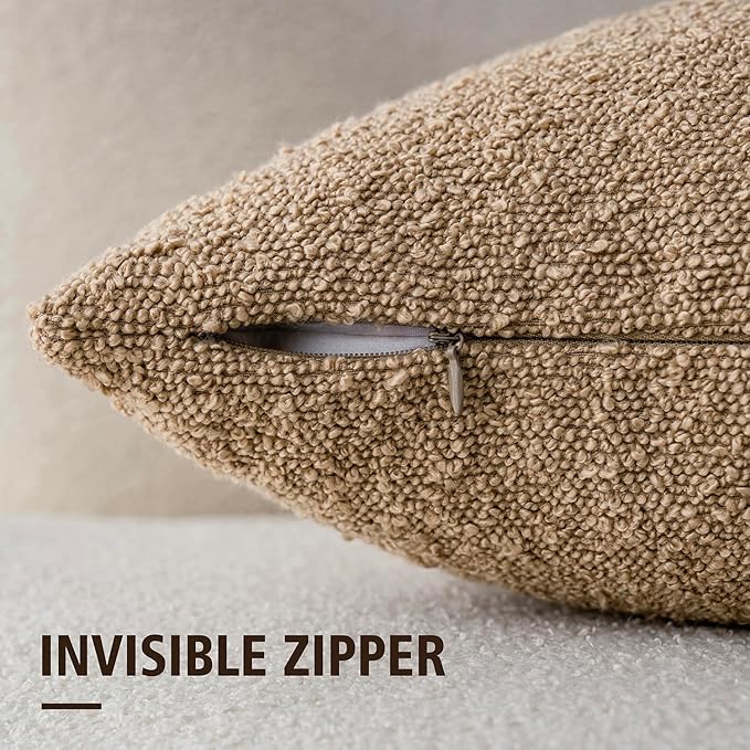 Foindtower Decorative Textured Boucle Throw Pillow Covers Accent Solid Pillow Cases Neutral Soft Cozy Couch Cushion Case for Chair Sofa Bedroom Living Room Home Decor 26 x 26 Inch,Taupe Khaki Camel