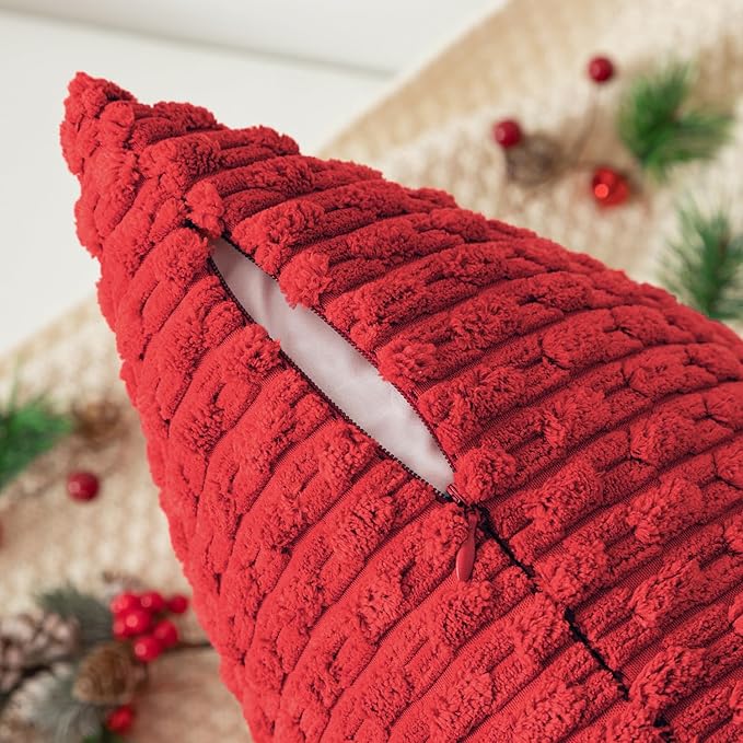 Kevin Textile Christmas Red Corduroy Decorative Throw Pillow Covers 24x24 Inch Pack of 2 Soft Boho Striped Pillow Covers Modern Farmhouse Home Decor for Autumn Sofa Living Room Couch Bed