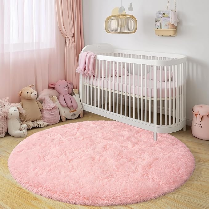 Round Fluffy Rugs 8Ft for Girls Bedroom, Pink Shag Circle Kids Rug Non-Slip for Bedside Dorm Nursery Playroom, Soft Cute Area Rugs for Living Room Decor