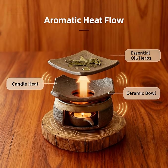 Ceramic Aromatherapy Stove Essential Oil Burner, Cedar and Zen Inspired Smudge Pot Oil Burner for Home Fragrance, Handmade Wax Melt Warmer, Meditation & Relaxation Décor, (2)