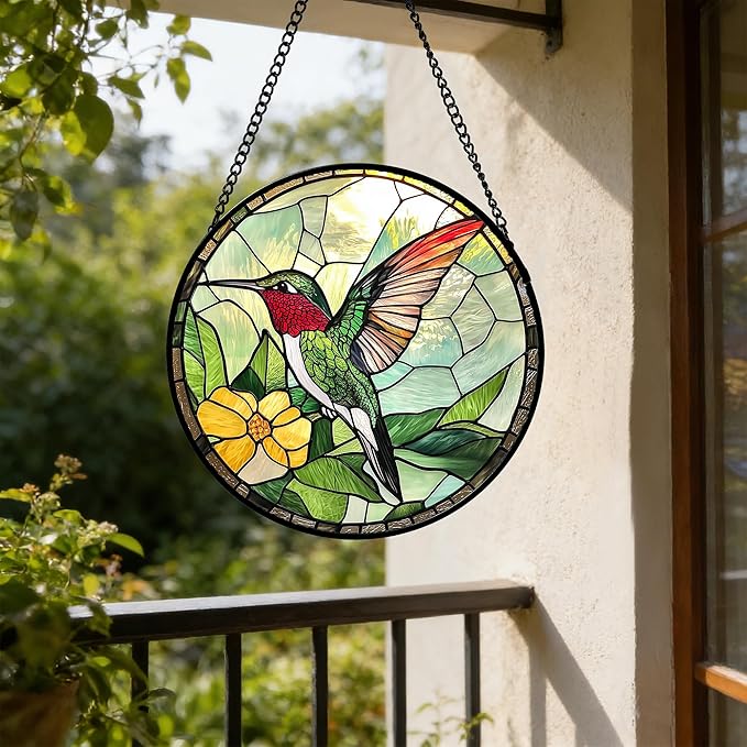 Stained Glass Window Hanging, Green Hummingbird Sun Catcher for Door Home Decor, Birds Suncatcher Christmas Mother's Day Birthday Gifts for Bird Lovers Women Men Mom and Nana 9.8 in