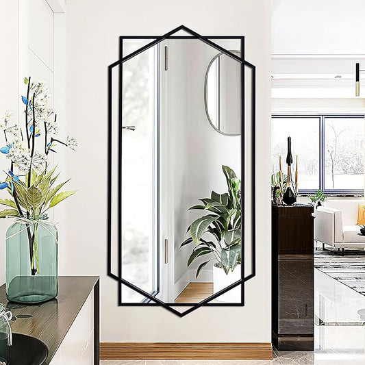 Black Wall Mirror for Decor, 30"x59" Decorative Living Room Mirror, Small Bathroom Mirror with Metal Frame, Modern Hexagon Mirror for Dining Room, Entrance