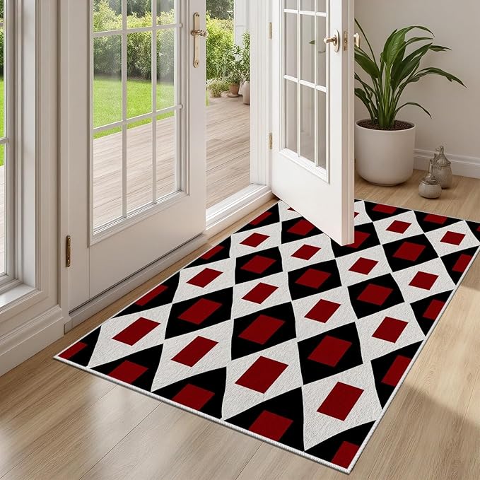 Plaid Rug 6x9, Vintage Geometric Soft Ultra Soft Faux Wool Low Pile Rug, Indoor Floor Mats Carpet, Non-Slip Stain Resistant Washable Rugs, Modern Red Rugs for Living Room Home Office Decor