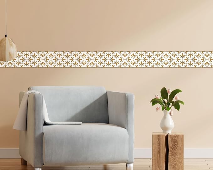 FLFK Wallpaper Border Gold and White Patterns Peel and Stick Wall Border Self Adhesive Wallpapers for Living Room Bedroom Kitchen Bathroom 8"x240"