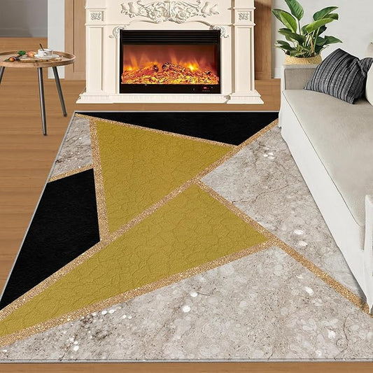 Geometric Marble Area Rugs for Living Room Black Gold Marble Rug Triangular Geometric Carpet Modern Minimalist Door Mat for Bedroom Hardwood Floors 4x6ft