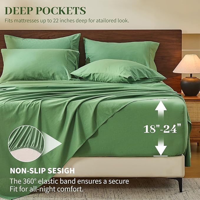 MEISHANG 100% French Pure Linen Sheets Cal King Size - 6 PC Extra Deep Pocket Sheet Set, Soft Durable Flax Linen, Anti-Tear Breathable & Oeko-Tex Certified 18-24 Deep Pocket,All Season(Sage Green)