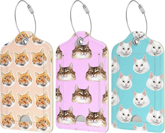 Rimilak 3 Pcs PU Leather Luggage Tags for Suitcase, Travel Cruise Luggage Tag with Privacy Flap, Name ID Label and Metal Loop for Women Men Baggage Handbag School Bag Backpack, Cute Cat