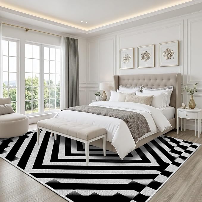 Black and White Rug 3x5, Checkered Soft Thin Indoor Floor Mats Carpet, Non-Slip Stain Resistant Washable Rugs, Modern Rhombus Geometric Rugs for Living Room, Farmhouse Rug