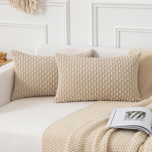 Kevin Textile Throw Pillow Covers Soft Corduroy Decorative Set of 2 Boho Striped Pillow Covers Pillowcases Farmhouse Home Decor for Couch Bed Sofa Living Room 12x20 Inch Beige