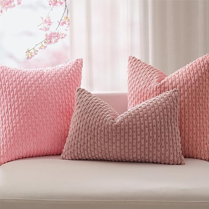 Kevin Textile Valentines Day Decorative Pillow Covers Set of 2 Striped Plush Corduroy Pillows Pillowcases Boho Home Decor Cushion Covers for Couch Sofa Bed Living Room 20x20 Inch, Dark Pink