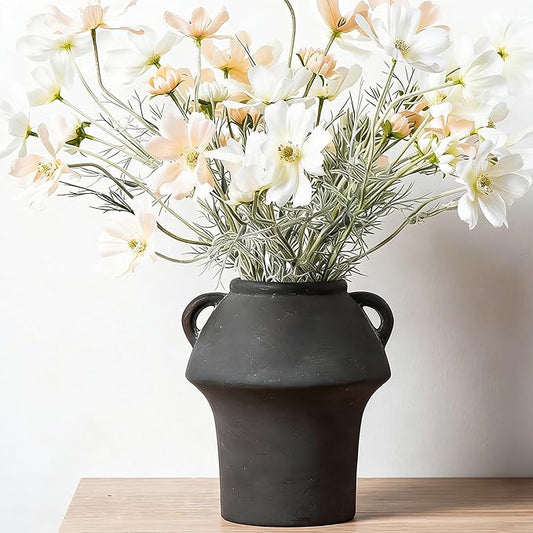 Black Vases Home Decor - Ceramic Vase for Flowers - Decorative Vase with Handle - Unique Fall Vase for Centerpieces, Farmhouse Vintage House for Pampas Grass
