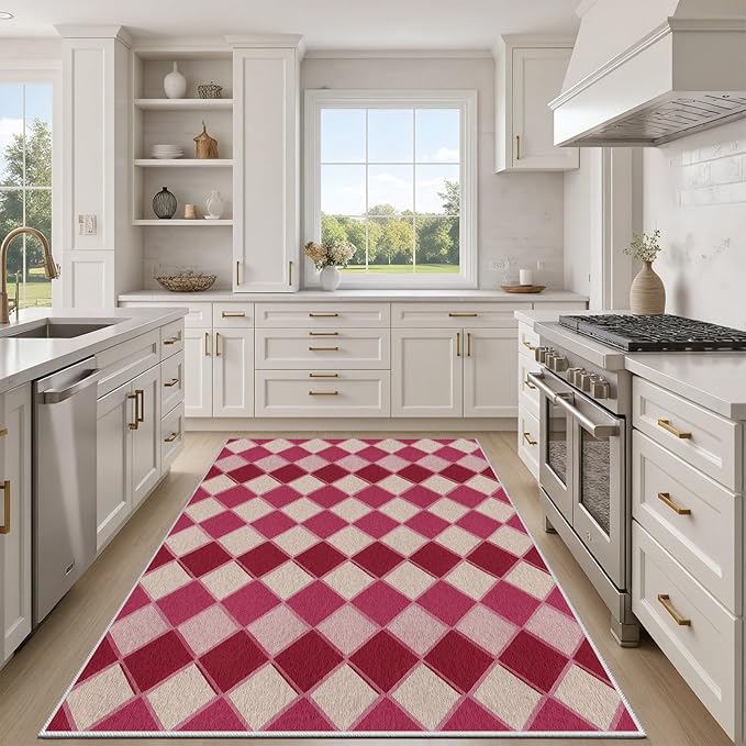 Plaid Rug, Soft Ultra Soft Faux Wool Rhombus Geometric Rugs, Indoor Floor Mats Carpet, Non Slip&Non-Shedding Low Pile Washable Rugs, Modern Red 8x10 Area Rug for Bedroom Home Decor