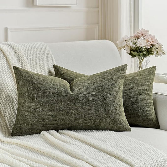 FUTEI Moss Green Chenille Decorative Throw Pillow Covers 12x20 Inch Set of 2,Soft Cozy Faux Linen Textured Lumbar Pillow Cases,Farmhouse Home Decor for Couch Living Room