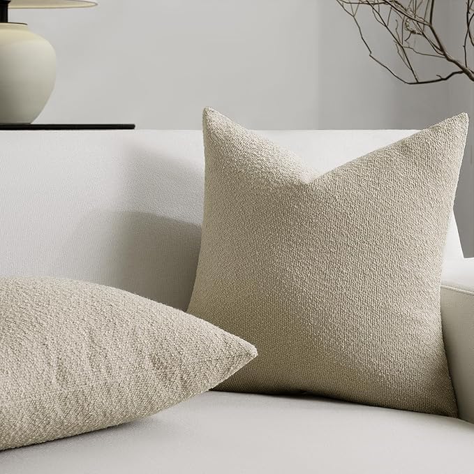 Throw Pillow Covers 22 x 22 Inch Set of 2, Beige Decorative Accent Solid Boucle Textured Pillow Cover, Cozy Neutral Cushion Pillow Cases for Living Room, Sofa, Chair, Bedroom, Home Decor