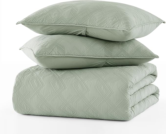 WDCOZY 100% Cotton Queen Size Quilt Set - Sage Green Pre-Washed Soft Lightweight Modern Bedspread, Farmhouse Country Rustic Coverlet, Textured Like Linen, Shabby Chic Gauze Bedding, 3 Pieces