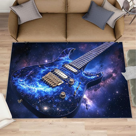 Guitar 4x5 Area Rugs for Living Room -Musical Instruments Washable Rug Starry Sky Non-Slip Carpet Indoor Floor Stain Resistant Thin Carpets for Bedroom Dining Room Home Office