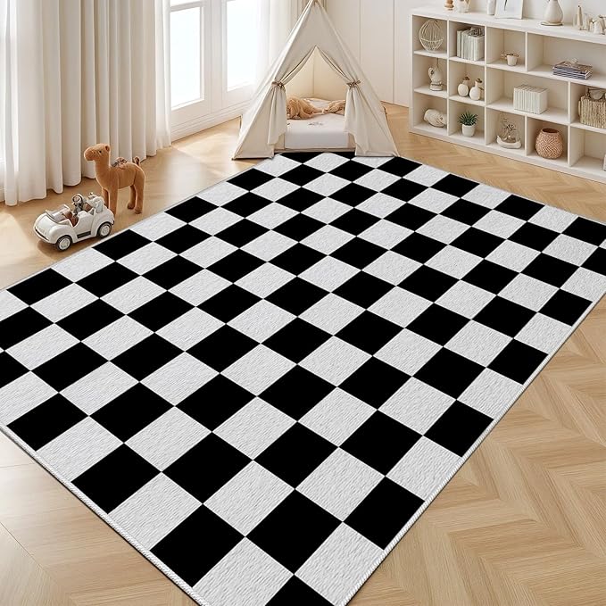 Black and White Checkered Rug for Living Room, 7x9 Area Rugs, Checkered Area Rug, Geometric Plaid Large Rugs, Washable Non Slip Retro Carpet Home Floor Decor