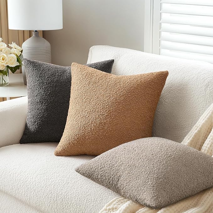 ANRODUO Pack of 2 Textured Boucle Throw Pillow Covers Soft Tobacco Brown Euro Decorative Accent Solid Pillow Cases Cozy Modern Couch Cushion Case for Sofa Bedroom Living Room Home Decor, 22 x 22 Inch