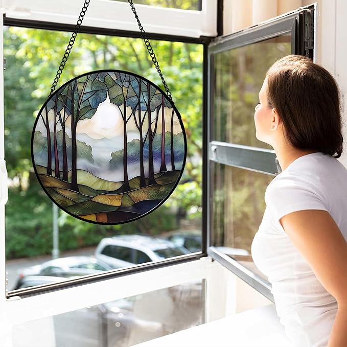 Stained Glass Window Hanging, Green Brown Smoke Forest Moon Suncatcher for Doors Window Home Tree Sun Catchers Decor Mother's Day Birthday Gifts for Women, Men Mom 7.8 in