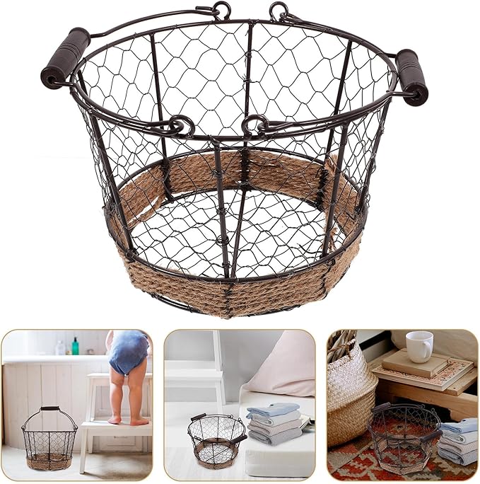 Mobestech Iron Wire Woven Small Storage Basket with Handle, Metal Sundry Organizer for Kitchen Countertop and Desktop, Vintage round Iron Fruit and Bread Holder for Home Storage