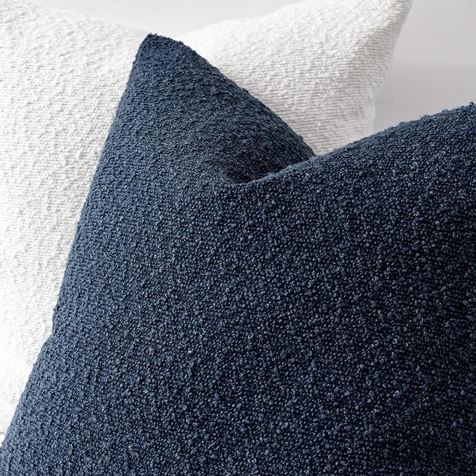 Boucle Decorative Throw Pillow Covers for Couch Set of 2, 26x26 inches, Navy Blue