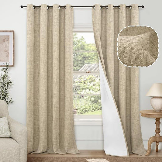 Lajode 100% Blackout Curtains for Living Room/Bedroom 84 Inch Length 2 Panels Set, Thermal Insulated Bronze Grommet Boho Light Blocking Faux Linen Window Drapes White Liner, Each 52" Wide, Burlap