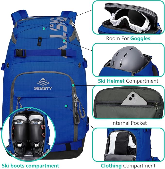 Ski Boot Bag, 55L/70L Waterproof Ski and Snowboard Boots Travel Backpack for Skis, Snowboard, Ski Helmet, Goggles, Gloves & Accessories
