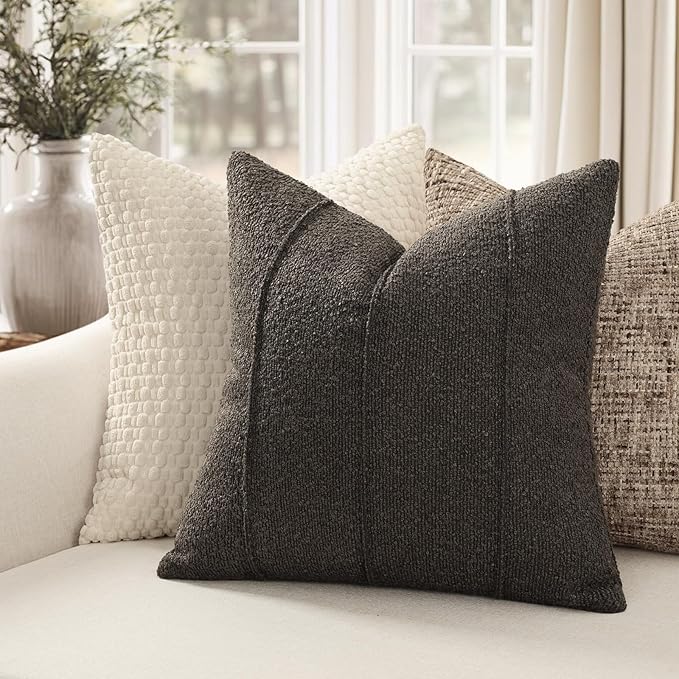 YCOLL Textured Boucle Throw Pillow Covers 22x22 Pack of 2 - Soft Neutral Striped Cushion Covers, Cozy Accent Decorative Pillow Covers for Couch, Sofa, Bed, Living Room (Dark Gray)