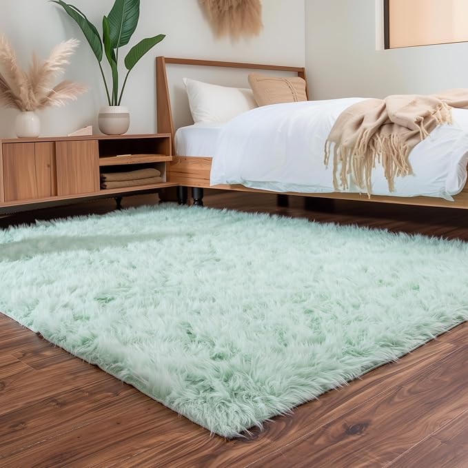 6 x 9 ft Fluffy Mint Green Rug – Large Faux Fur Area Rug for Bedroom, Living Room, or Dining Room – Plush Faux Sheepskin Accent