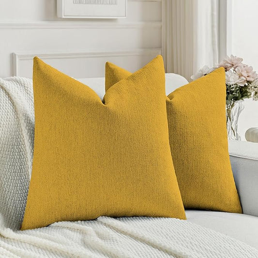 FUTEI Mustard Yellow Chenille Decorative Throw Pillow Covers 22x22 Inch Set of 2,Soft Cozy Faux Linen Textured Cushion Case,Farmhouse Home Decor for Couch Living Room