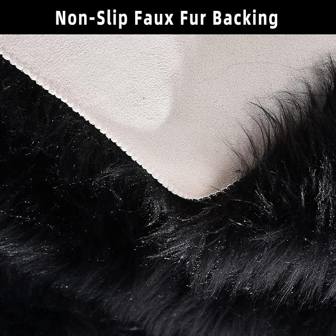 Black Samll Faux Fur Sheepskin Area Rug for Living Room Bedroom, 2 x 3 Feet Ultra Soft Shaggy Fuzzy Furry Carpet Chair Throw Rugs for Kids, Girls, Nursery Room Decor Dorms
