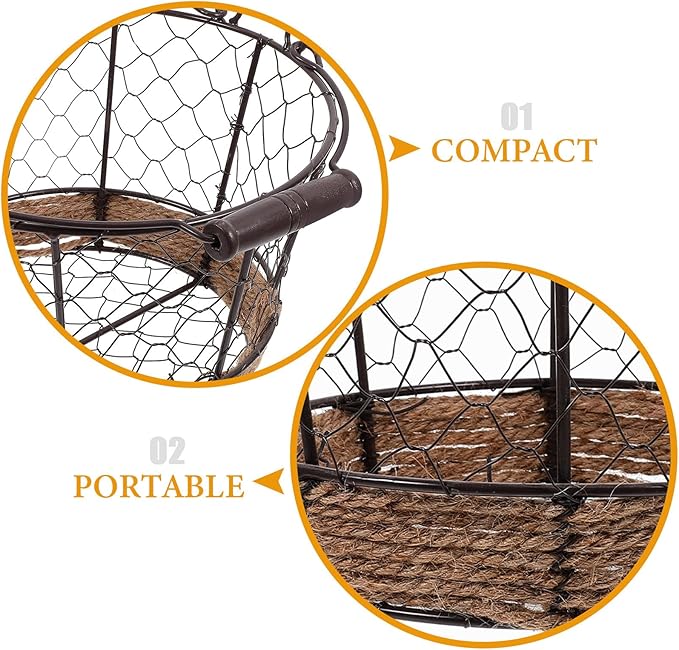 Housoutil Iron Wire Storage Basket with Handle Vintage Small round Metal Organizer Basket for Fruit Vegetable and Desktop Sundries for Home Storage and Decoration