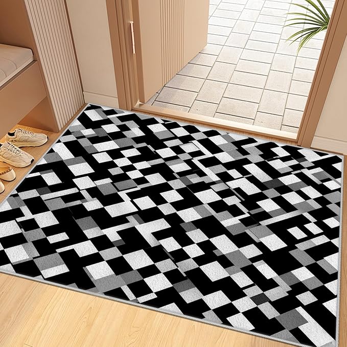 Black White and Grey Rug - Geometric Area Rug, Area Rugs 7x10, Modern Abstract Rugs, Irregular Block Splicing Carpet Washable Non Slip Home Decor Carpet for Living Room