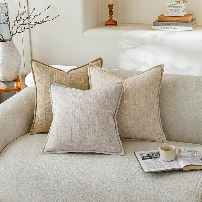 a moment Linen Pillow Covers Set of 2,Boho Farmhouse Throw Pillowcases Neutral Textured Decorative Covers for Couch Sofa Bed,Soft Linen Blend Accent Case Cushion Living Room Home Decor 20"x12"Ivory