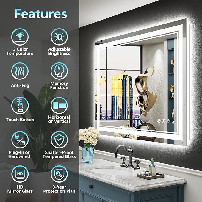 44x30 LED Bathroom Mirror with Lights, Backlit + Front Lit, Anti-Fog Lighted Vanity Mirror for Bathroom Wall with 3 Colors, Dimmable, Memory, Shatter-Proof Tempered Glass, Horizontal/Vertical