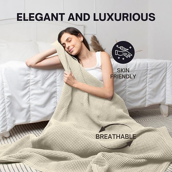 100% Cotton Waffle Blankets for Bed - King (104" x 90") Lightweight, Breathable and Soft, Waffle Weave Blanket for All-Season - Summer, Spring, Winter (Beige)