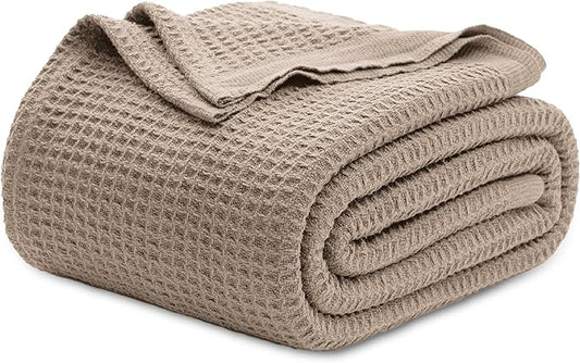 Bedsure Gentlesoft 100% Cotton Blanket Queen Size for Bed - Breathable and Soft, Thick Cozy Waffle Weave Christmas Blanket Gift for Women, Light Brown, 90x90 Inches