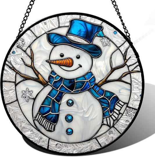 Stained Glass Window Hanging Christmas Snowman Blue White Large 15" - Suncatcher Door Garden Sun Catcher Home Decor Birthday Mother's Day Xmas Gift for Mom Men Woman Her Nana Parents Girl