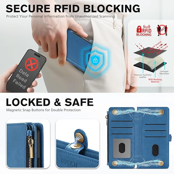 TUCCH Removable Crossbody Case Wallet for iPhone 17 Pro (6.3") 2025, Wireless Charging, RFID Blocking 9 Card Slots, Lanyard, Wrist Strap, Zipper Pocket, PU Leather, Stand Magnetic Cover, Light Blue